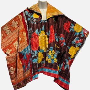 FUNKY STUFF vintage cottn kantha reversible hood PONCHO TOP fits XL 1X 2X 3X 4X